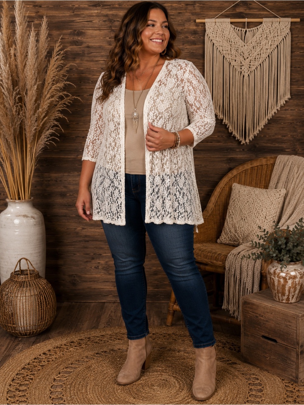 Double Take Ivory Lace Open Front Cardigan 2XL Boho Duster